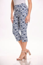 Front image of the You Capri. Pull on blue pattern bottoms. 