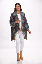 Front image of London Chic Kimono in eggplant floral. 
