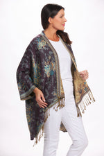 Side image of London Chic Kimono in eggplant floral. 