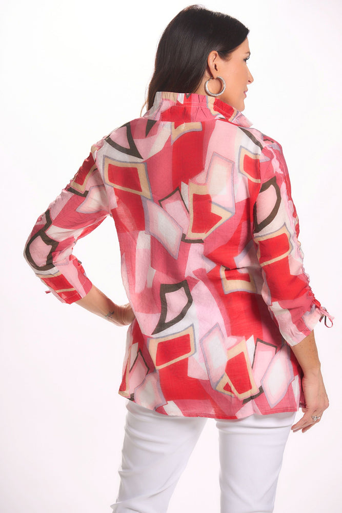 Back image of Fashion Cage cinched henley wire collar top. Red printed top. 