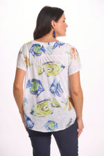 Back image of short sleeve impluse blue fish top. Tie front button front top. 