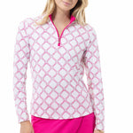 Front image of Sansoleil long sleeve bitsy pink printed top. 