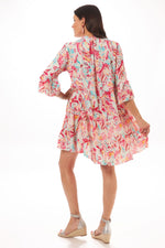 Back image of Look Mode 3/4 sleeve button down dress. Floral printed boho dress. 