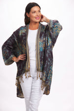 Front image of London Chic Kimono in eggplant floral. 