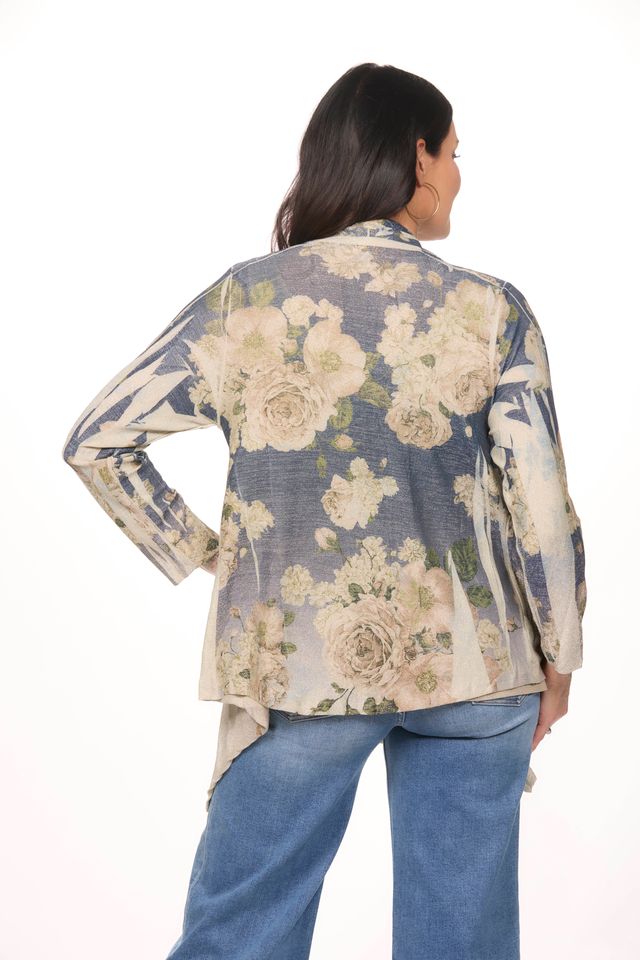Back image of open front printed cardigan.