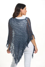 Back image of lost river navy popcorn poncho with fringe. 