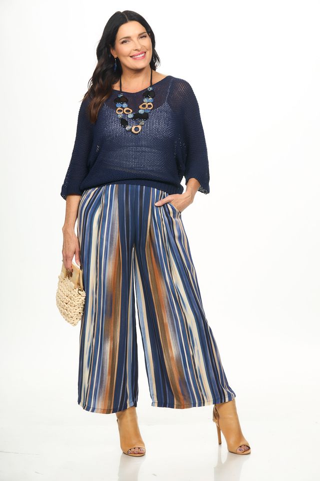 Front image of blue knit sweater made in italy.