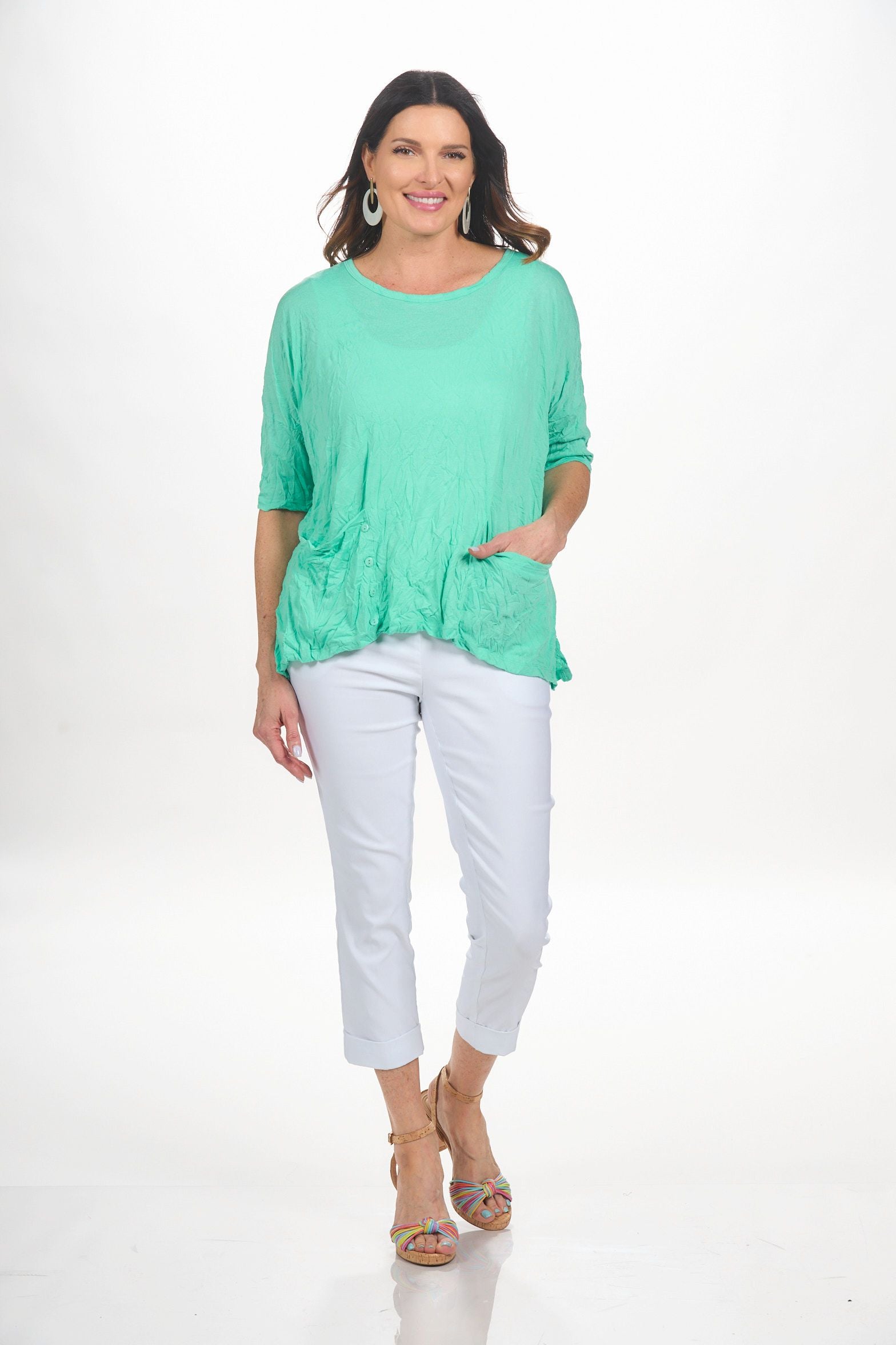 Front image of Shana 2 pocket crinkle tunic in seafoam. 