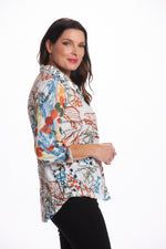 Side image of Cubism roll sleeve printed crinkle shirt. Button front roll sleeve top. 