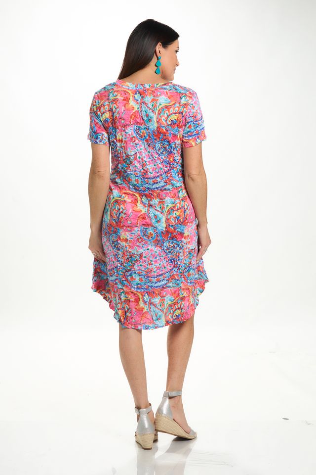 Back image of Shana pink printed short sleeve crinkle dress. 