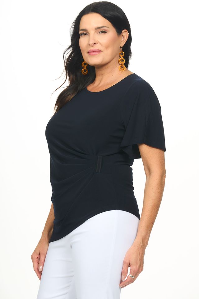 Side image of navy blue gather top.