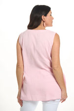 Back image of lulu b sleeveless gauze top in clear pink. 