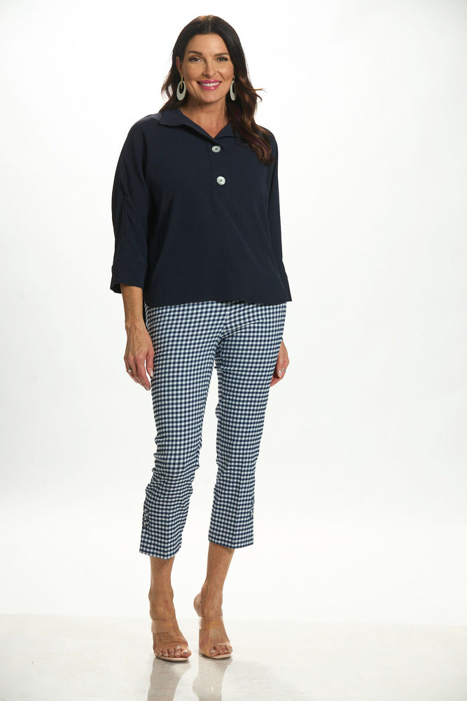 Front image of UP! navy gingham printed pants. 