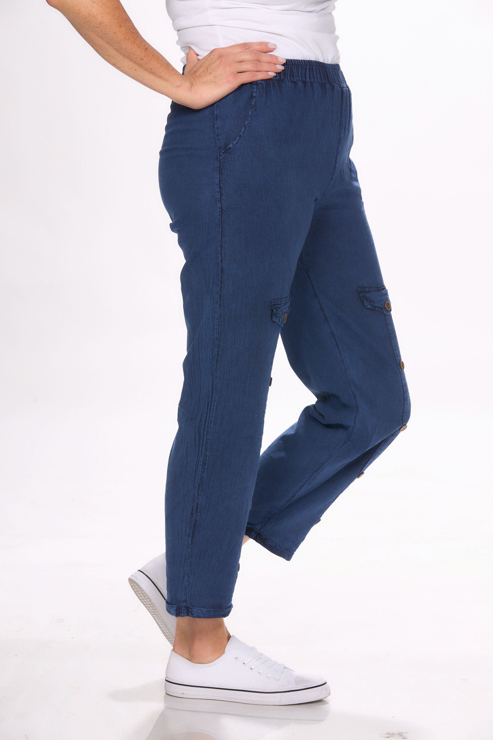 Side image of Giocam pull on dark denim pants.