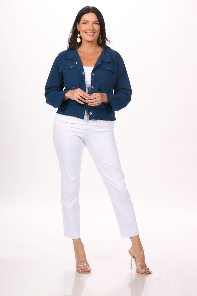 Front image of gio jacket in marine blue.