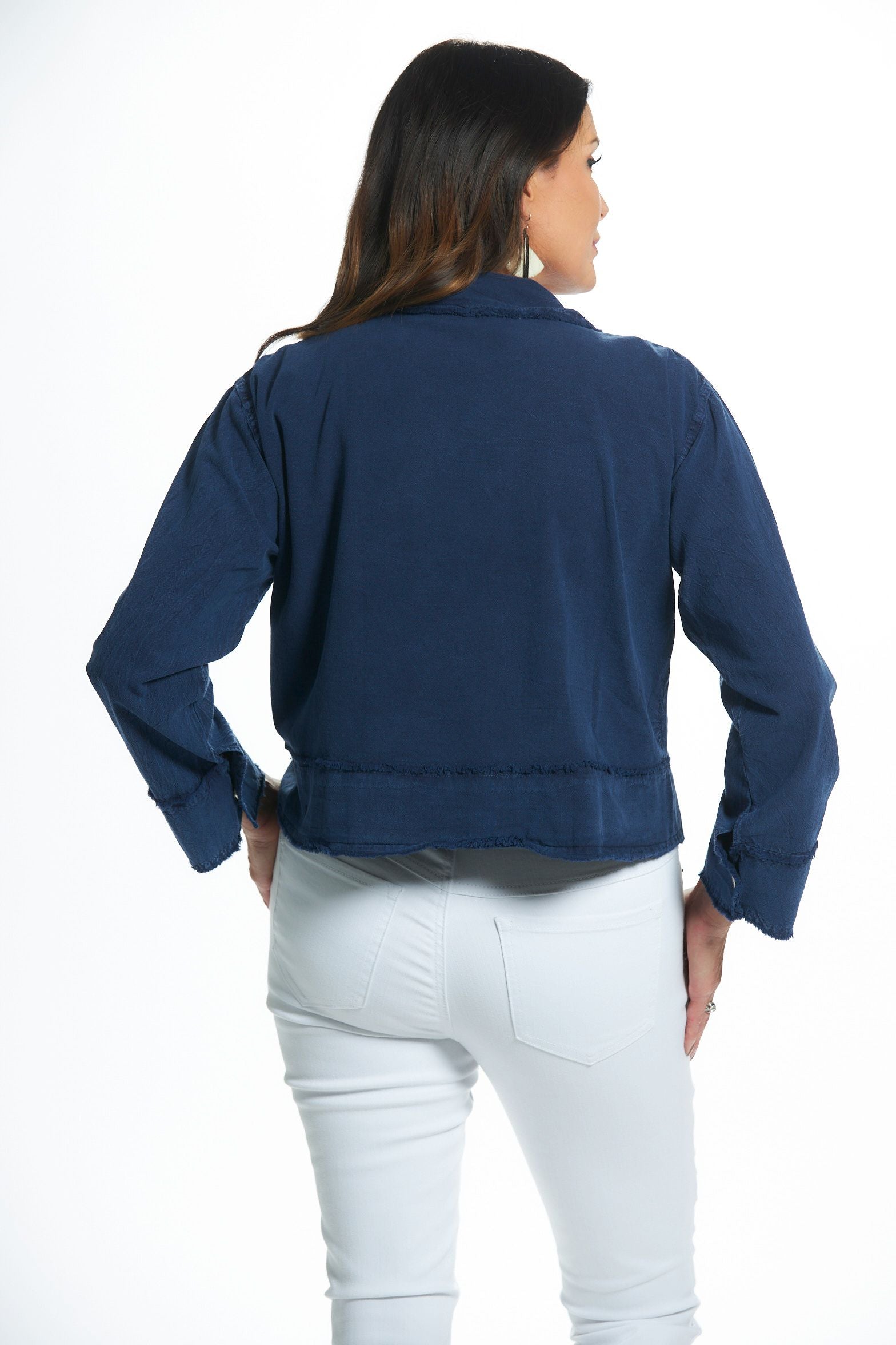 Back image of dark denim gio jacket. Long sleeve lightweight jacket. 