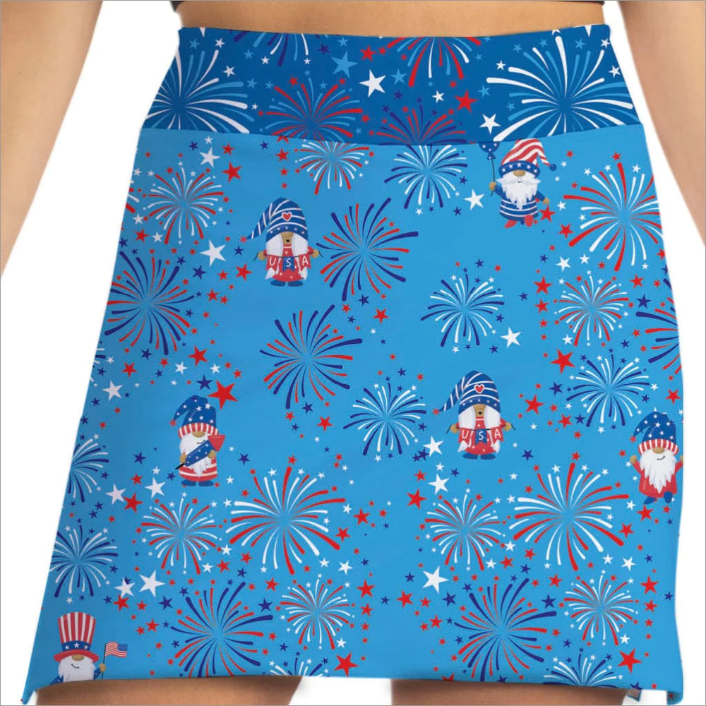Front image of Skort Obsession Gnome in the USA printed skort. Blue red and white printed pull on skort. 