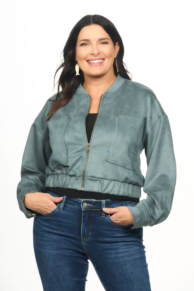 Front image of emerald green bomber jacket zip up.