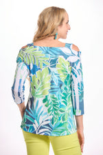 Back image of impulse printed cold shoulder top. Green leaf resort printed top. 