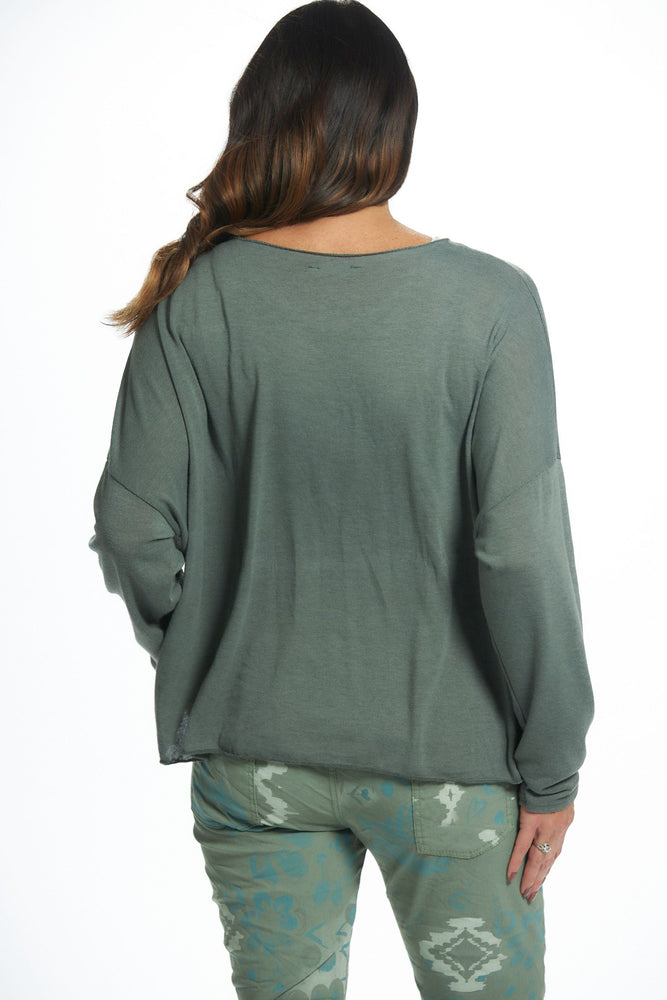 Back image of look mode twist front sweater. Olive green one sized top. 