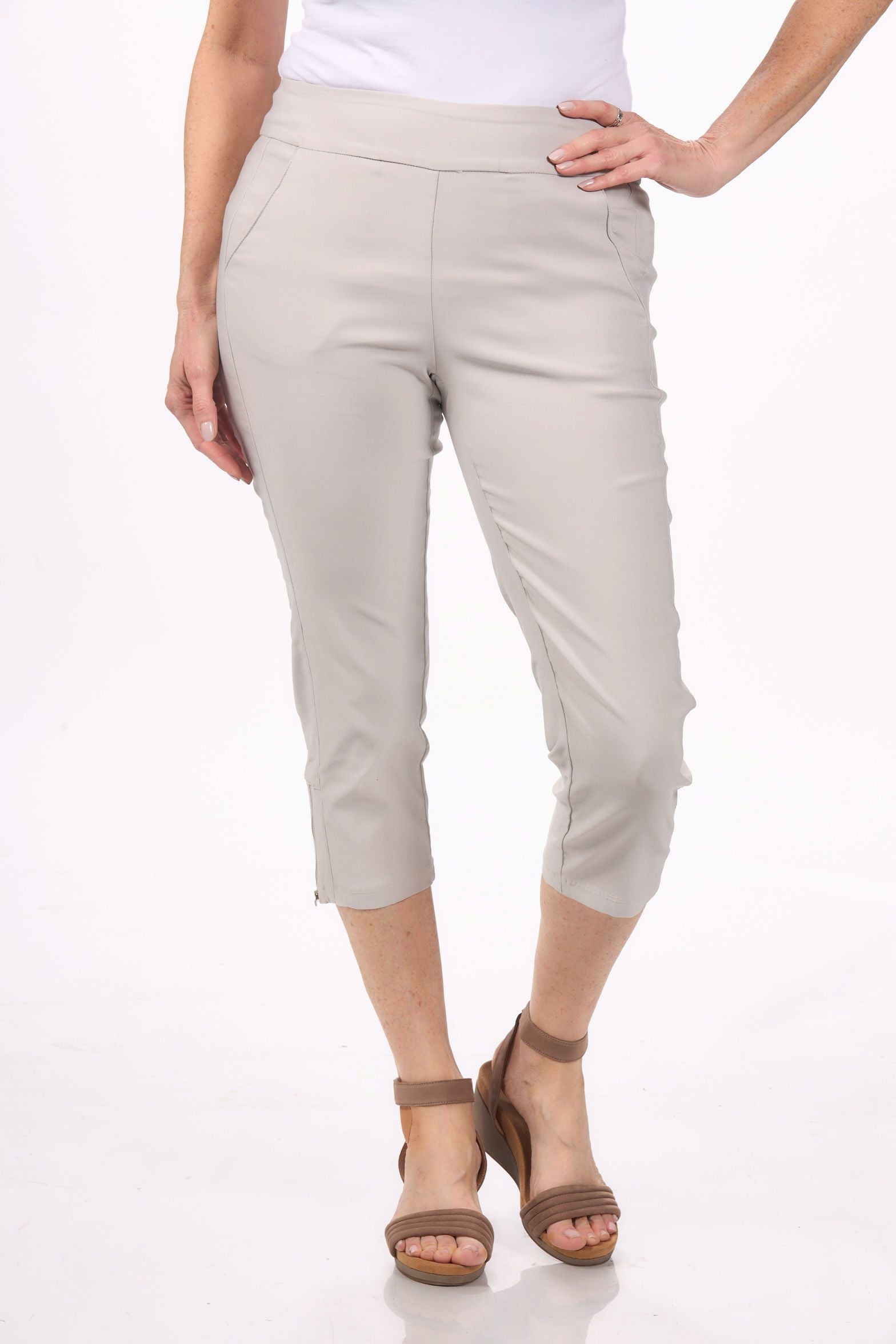 Front image of Tribal pull on You capri in grey mist. 
