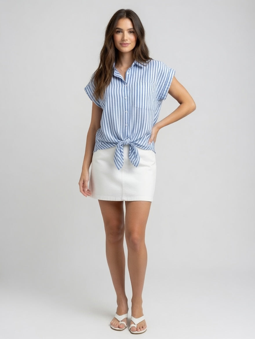 Short Sleeve Boyfriend Tie Front Stripe Top