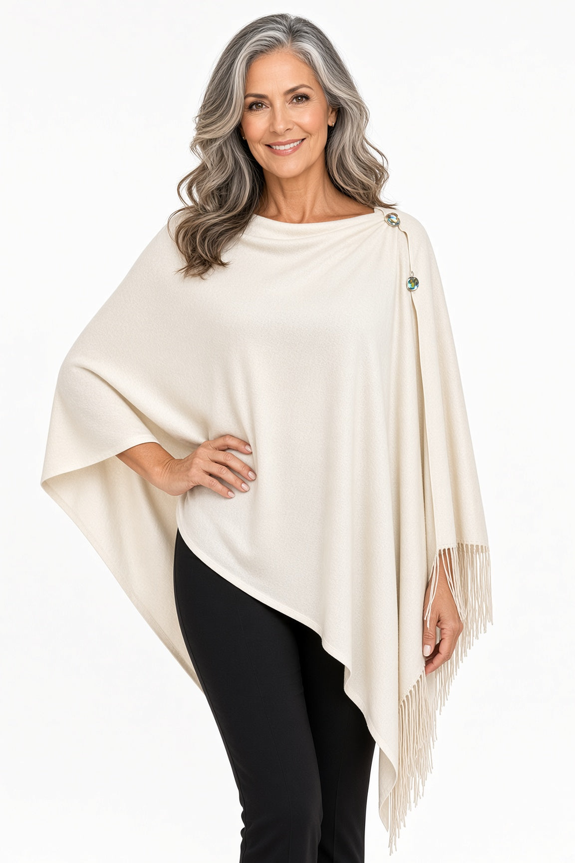 Ivory Two Button Fringe Shawl