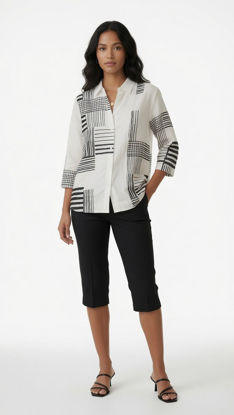 3/4 Sleeve Button Front Print Shirt