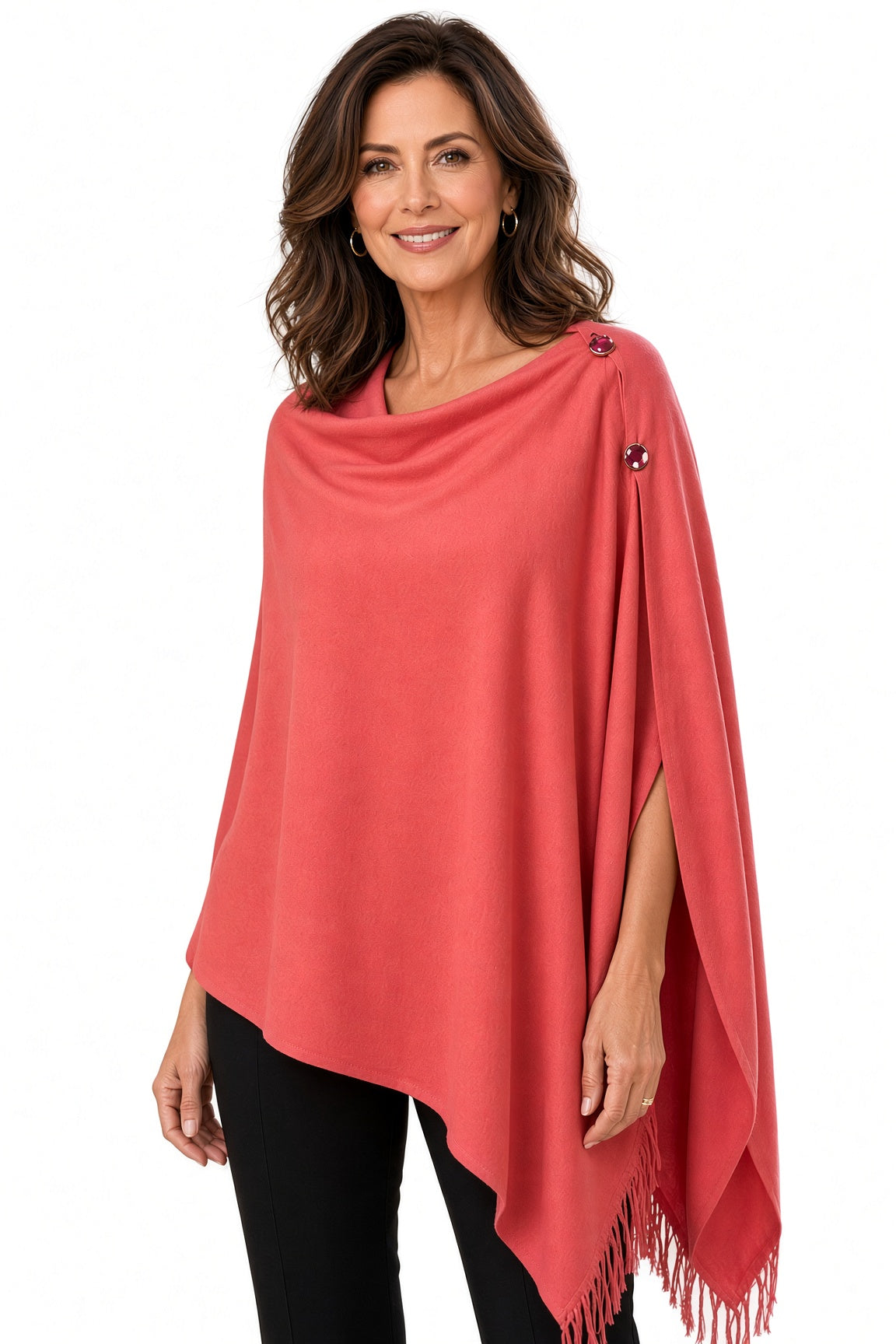 Coral Two Button Fringe Shawl