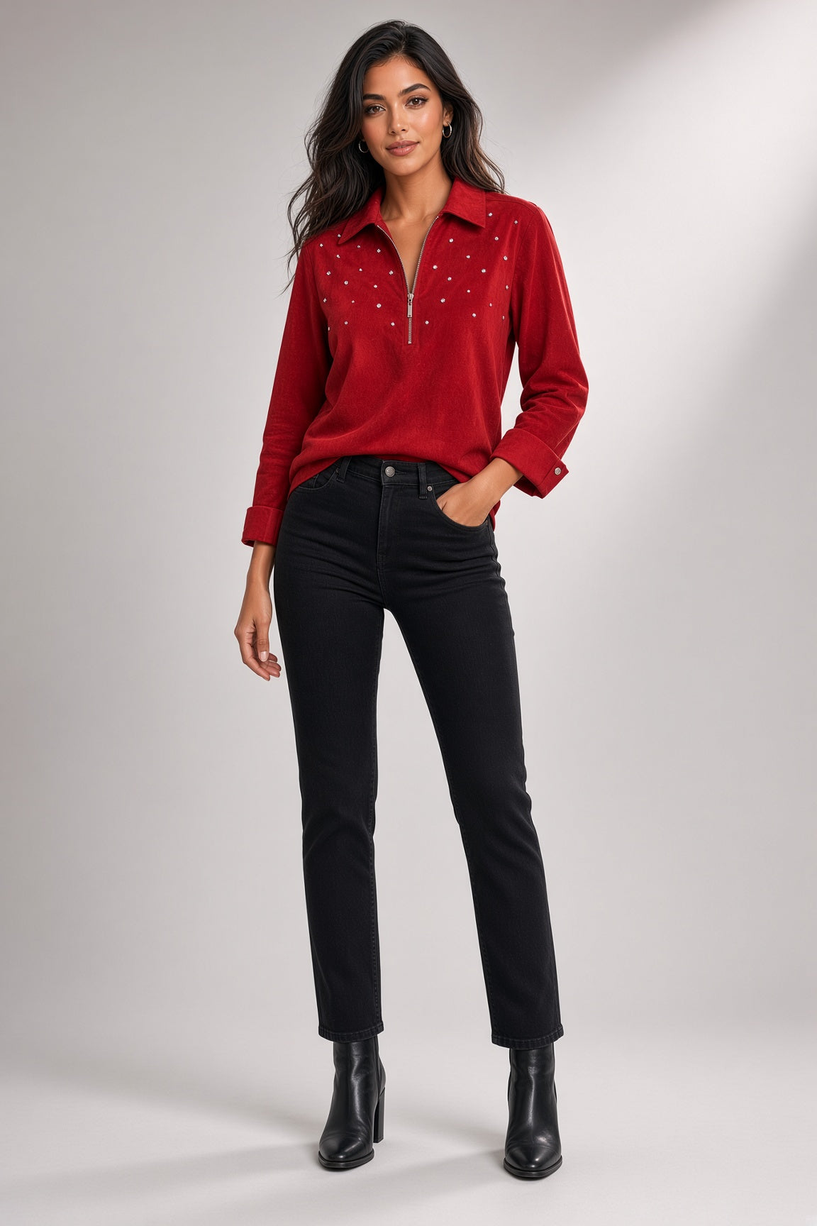 Roll Sleeve Scattered Embellished Shirt