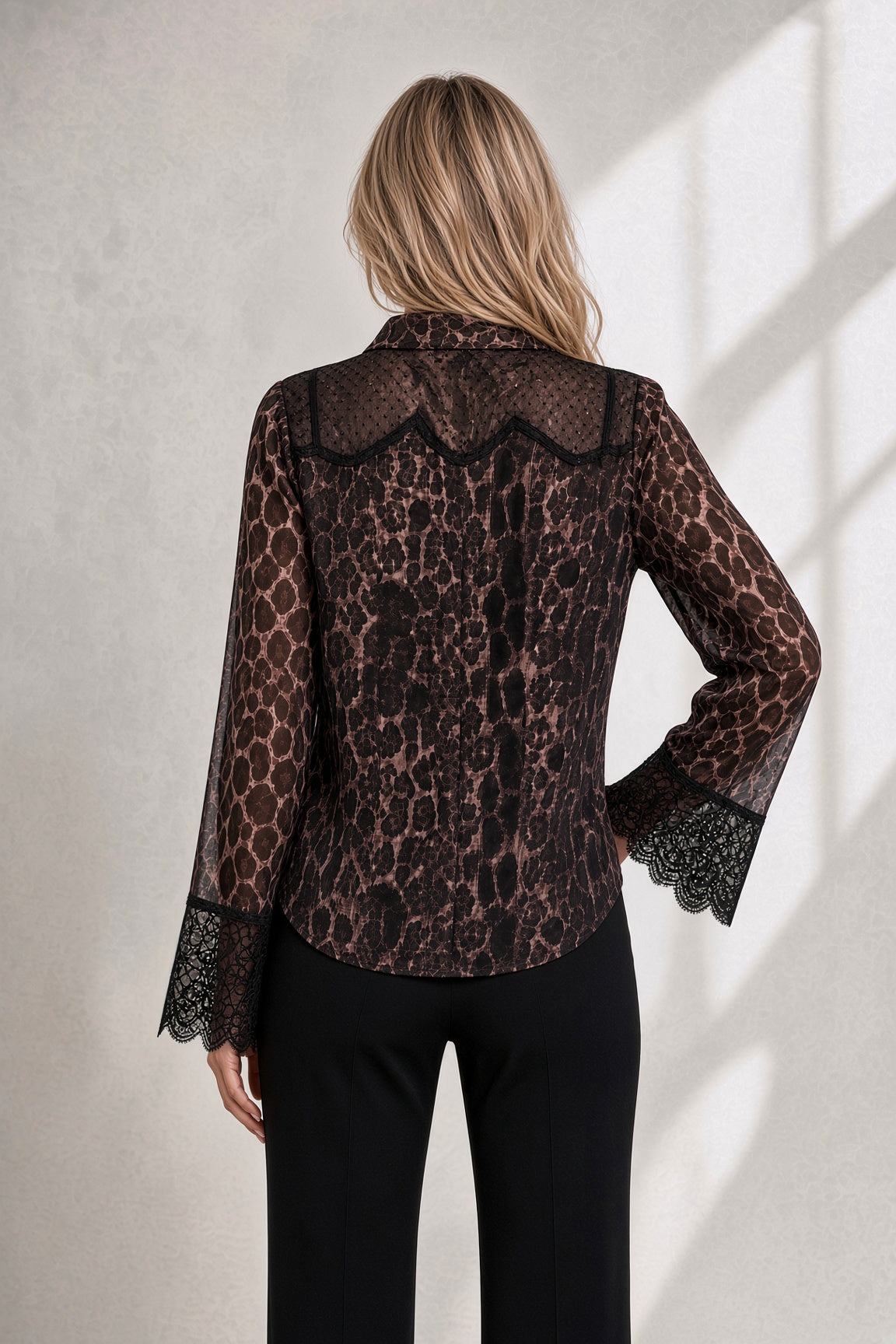 Long Sleeve Button Front Sheer Animal Print Top