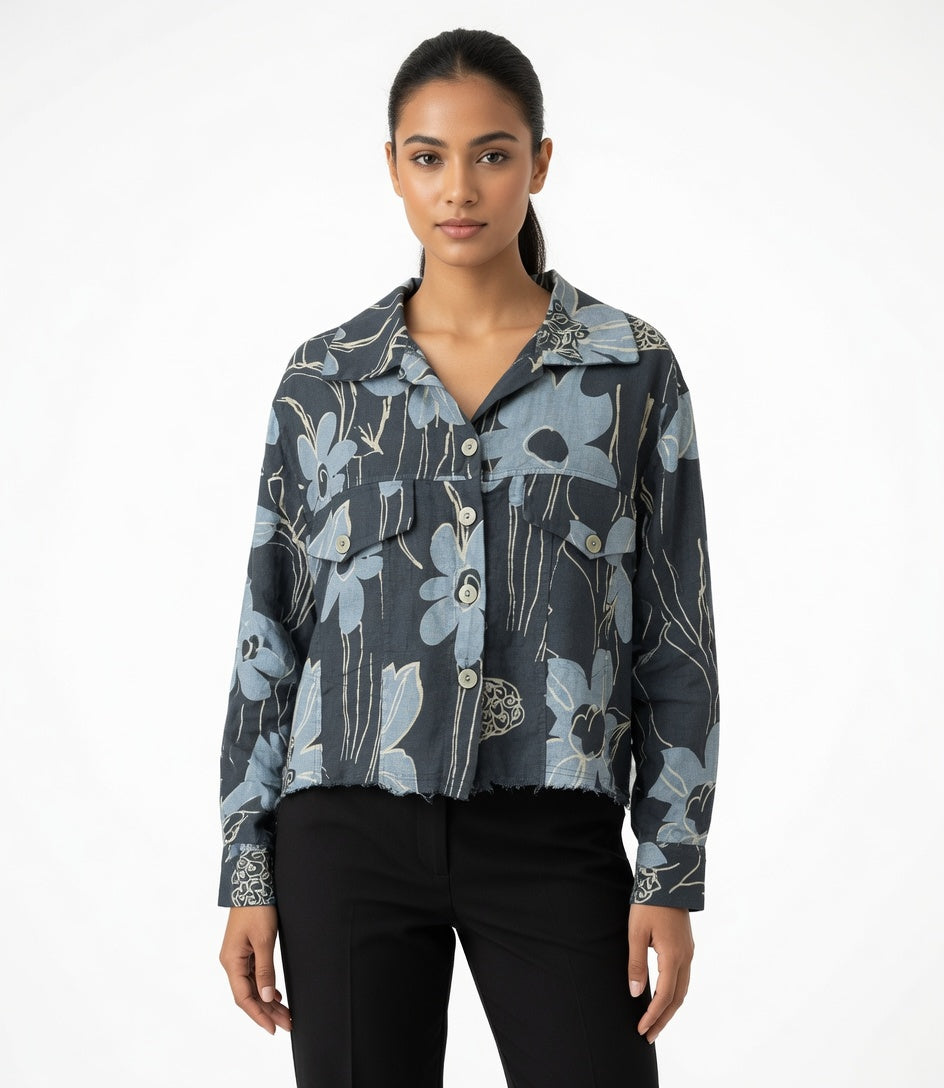Roll Up Button Front Linen Crop Jacket