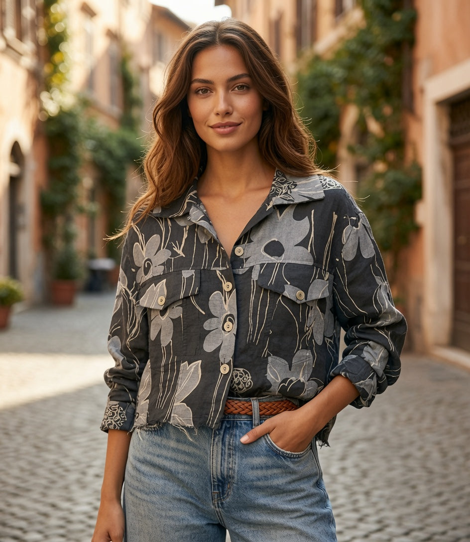Roll Up Button Front Linen Crop Jacket