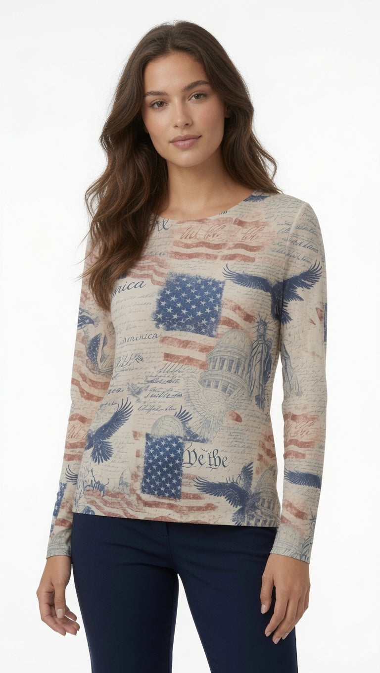 Long Sleeve Print Mesh Top