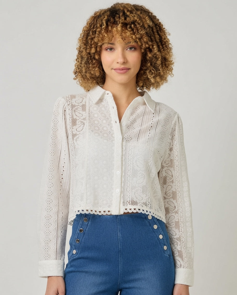Long Sleeve Mixed Lace Blouse