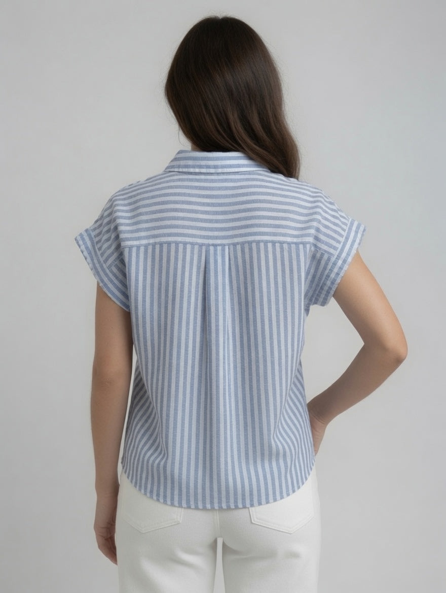 Short Sleeve Boyfriend Tie Front Stripe Top