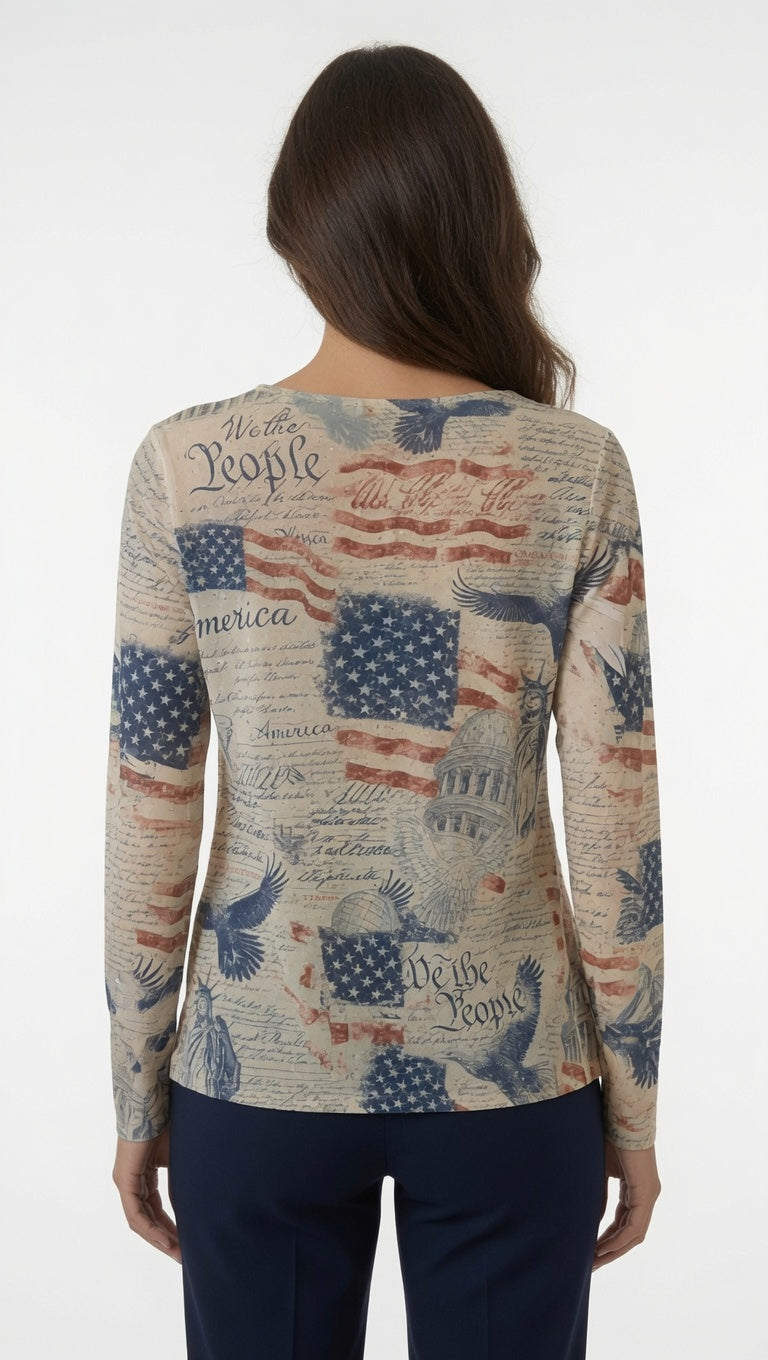 Long Sleeve Print Mesh Top