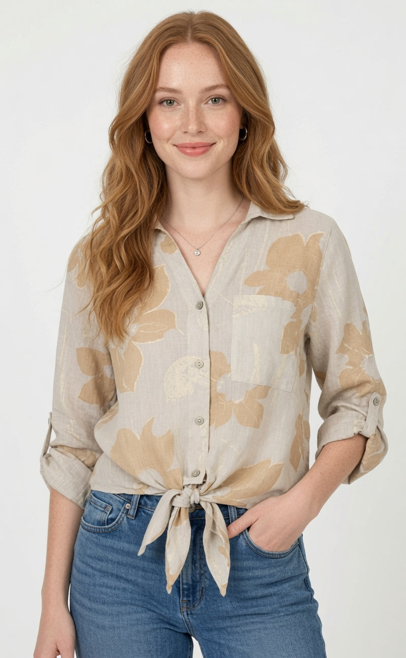 Roll Sleeve Button Front Tie Front Top