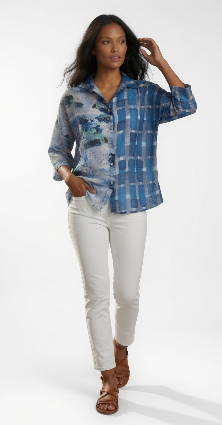 3/4 Button Front Print Shirt