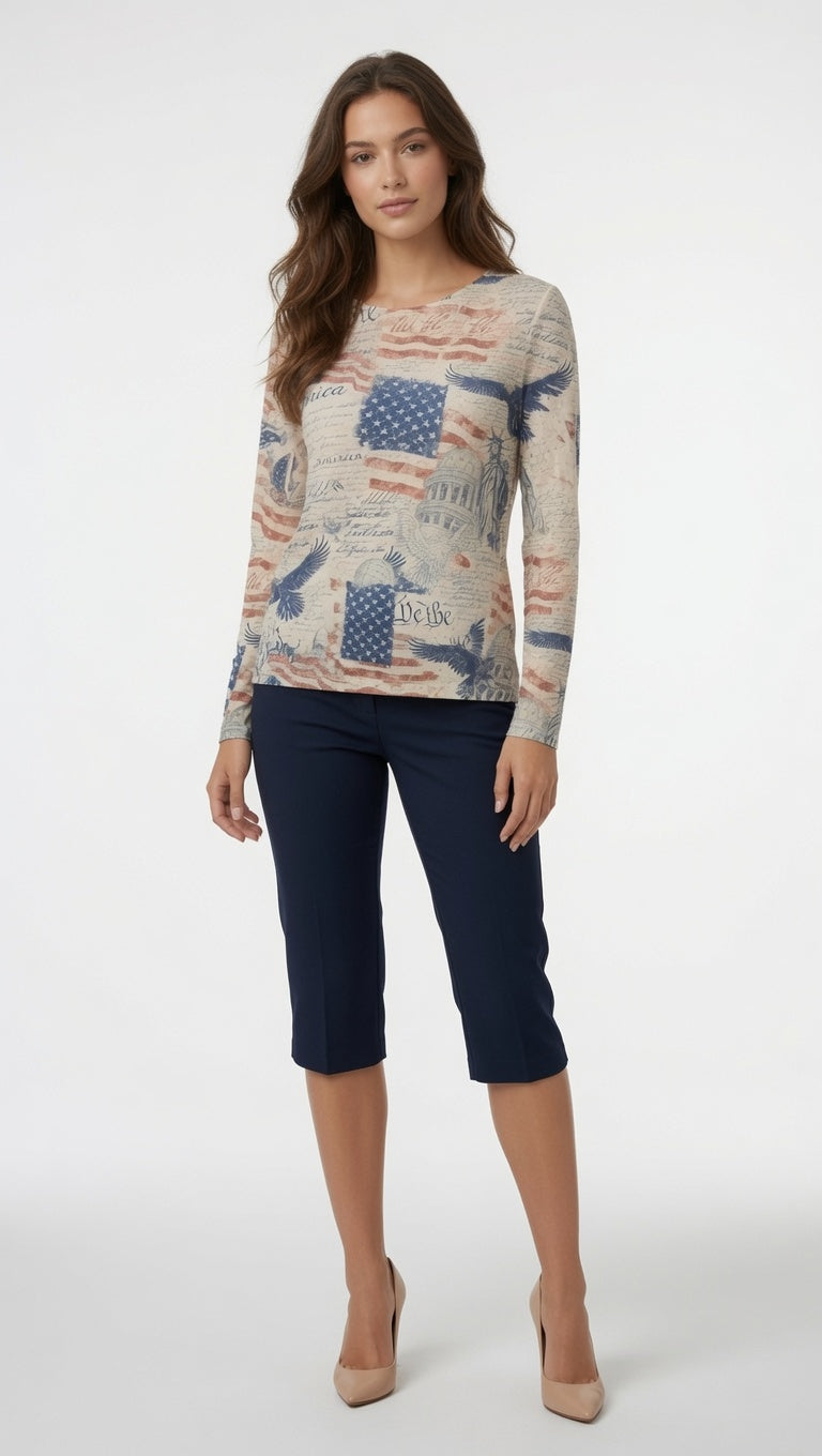 Long Sleeve Print Mesh Top