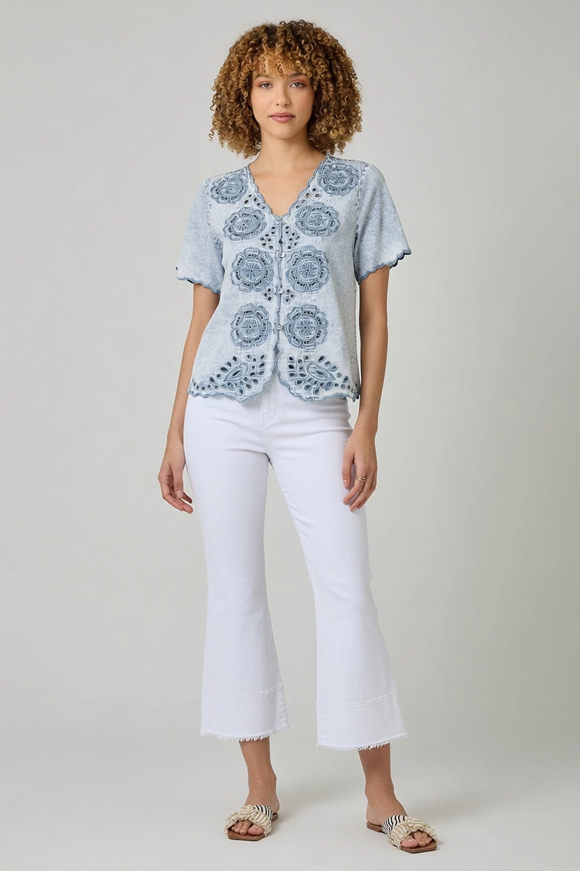 Short Sleeve Embroidered Washed Tencel Blouse
