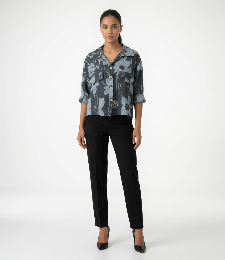 Roll Up Button Front Linen Crop Jacket