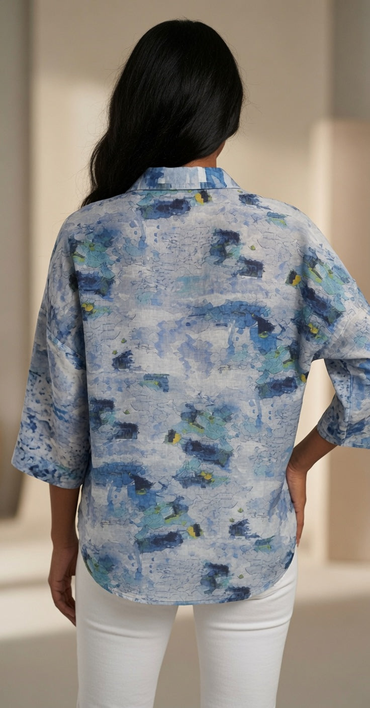 3/4 Button Front Print Shirt