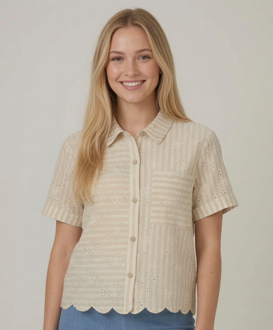Short Sleeve Stripe Eyelet Shirt