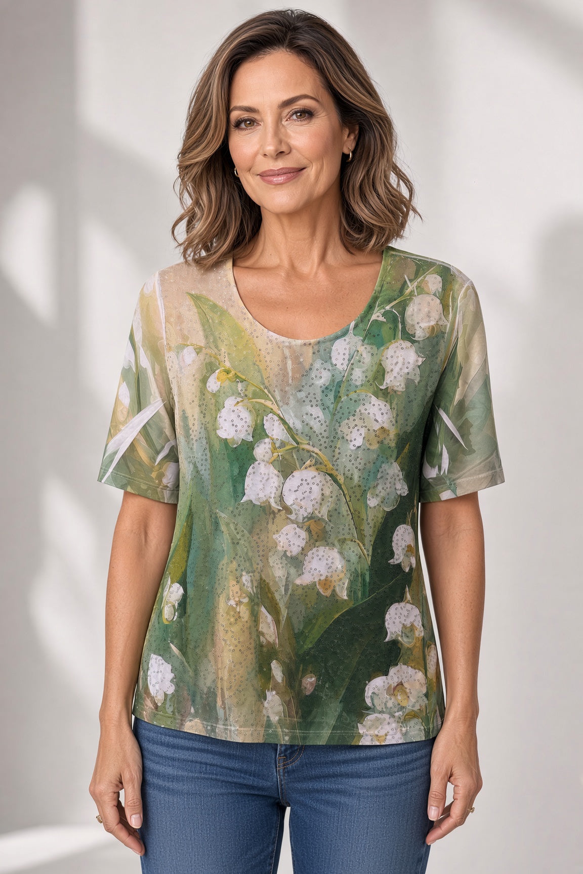 Short Sleeve Sequin Print Top