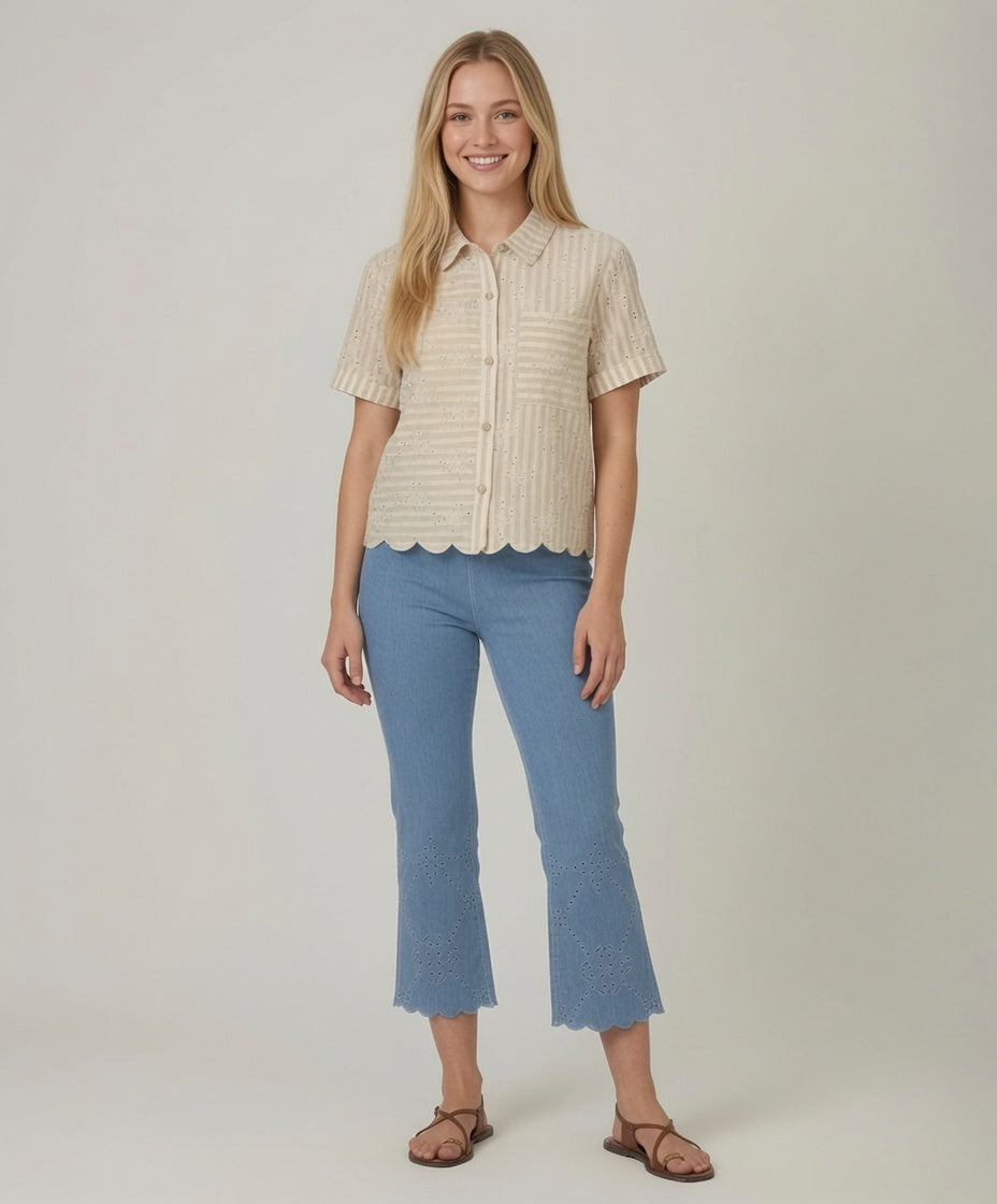 Short Sleeve Stripe Eyelet Shirt