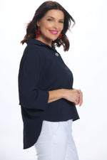 Side image of 2 button air flow shirt. Navy two button top. 