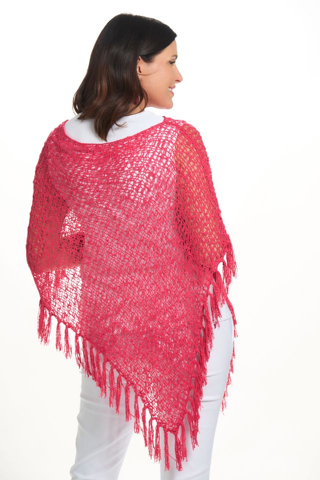 Back image of lost river fringe popcorn poncho in hot pink. 