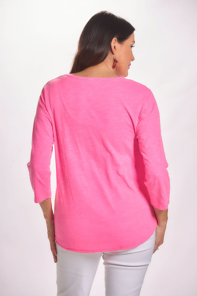 Back image of hot pink lulu b emily tee. V-neck basic top.