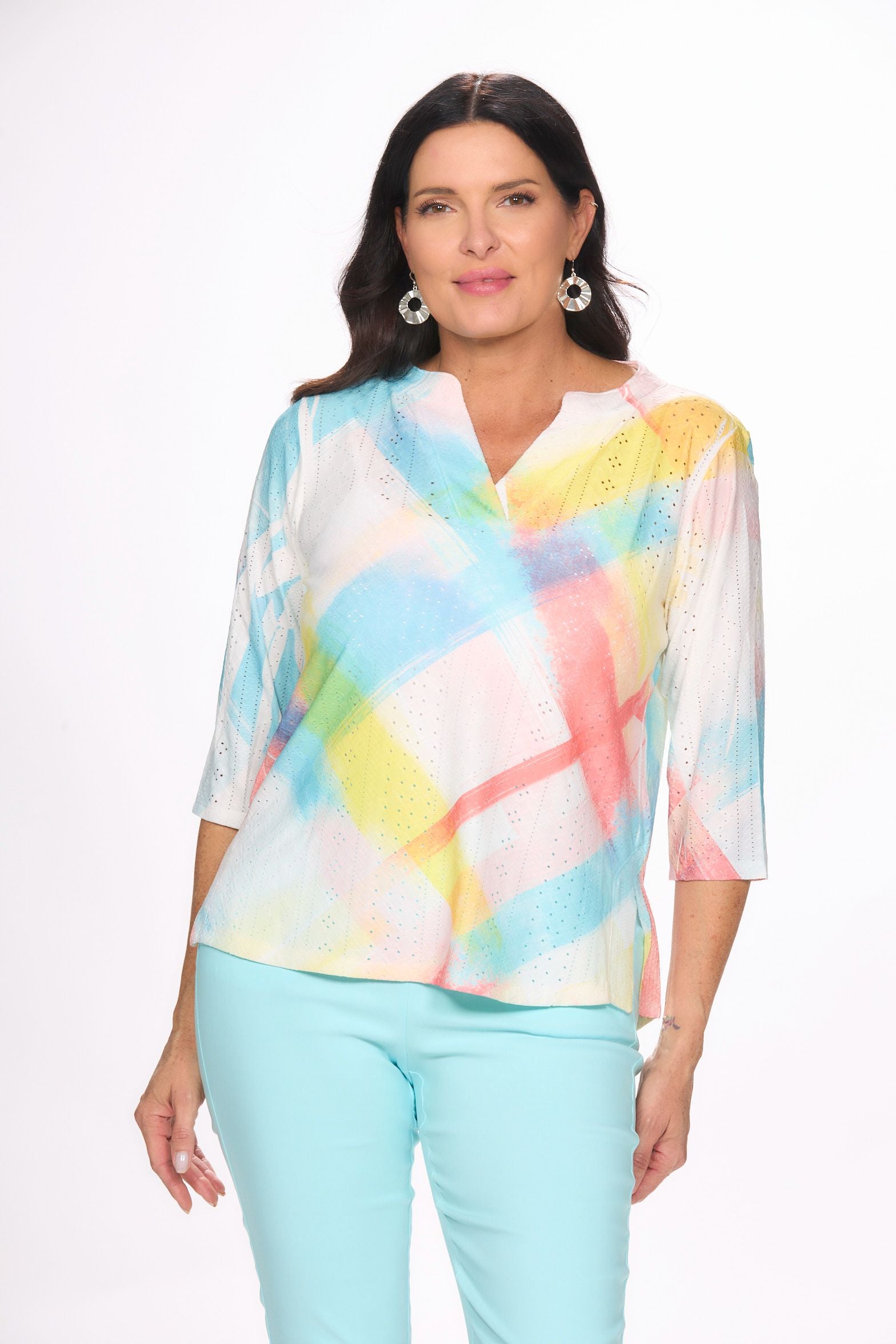 Front image of impulse v neck sequin top in coral checkers.